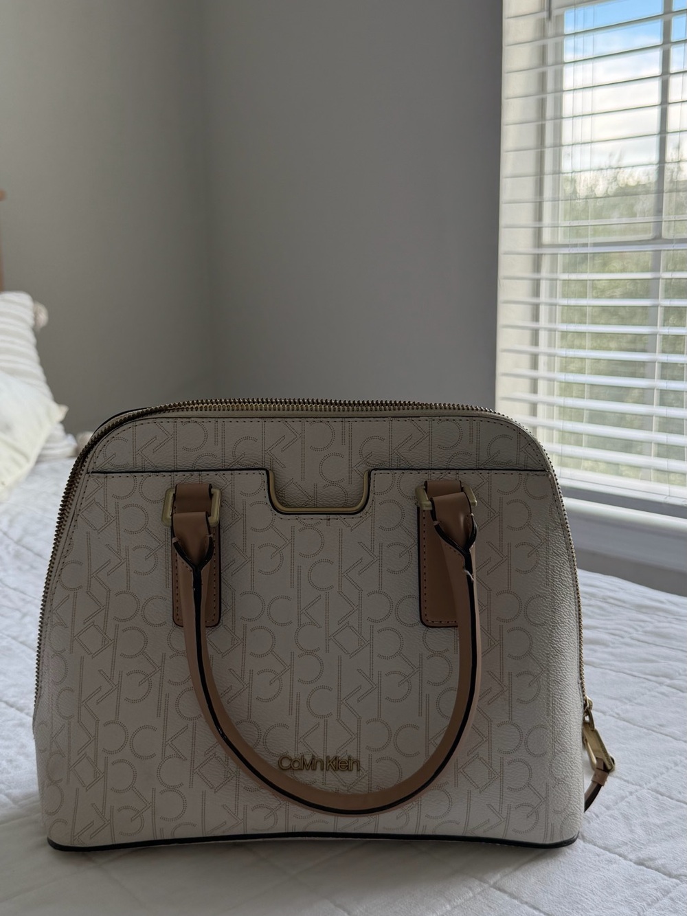 Calvin Klein Cream Monogram Dome Satchel with Tan Handles